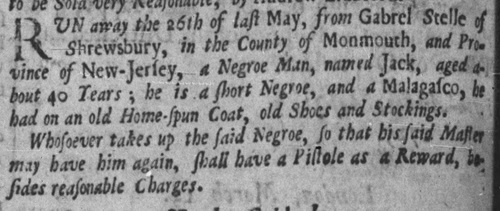 1725 New Jersey Fugitive Slave advertisement.