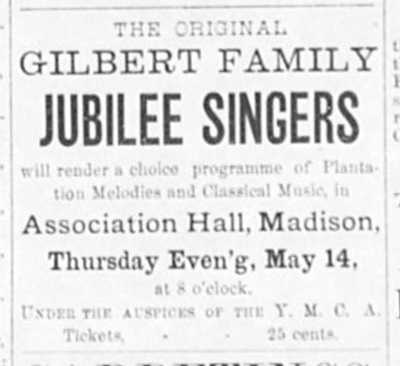 1885 Newspapaper ad promoting the appearance of the Gilbert Family Jubilee Singers in Madison, New Jersey.
