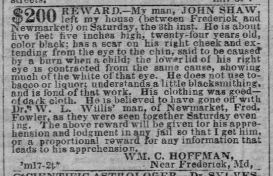Shaw's escape Escaped slave notice for John Shaw from the Baltimore Sun, 1858.