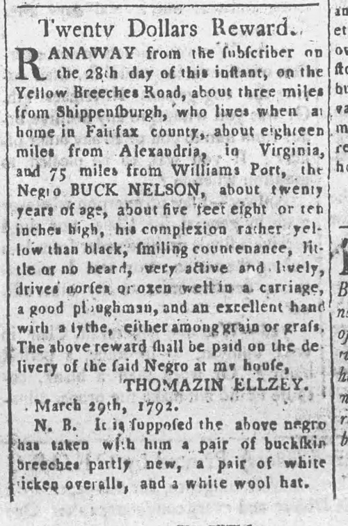 March 1792 escaped slave notice published in the Carlisle Gazette, for an enslaved man that escaped from his Virginia enslaver while they were near Shippensburg, Pennsylvania.