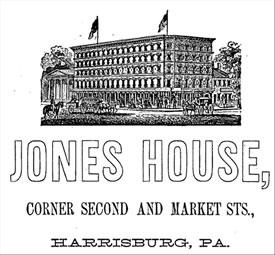 Engraved advertisement for the Jones House, an impressive five-story, block-long hotel on a city square.