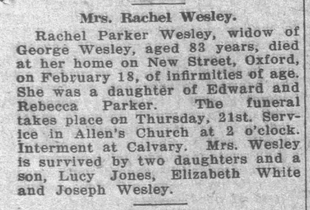 Newspaper notice of the death of Rachel Parker Wesley on February 18, 1918.