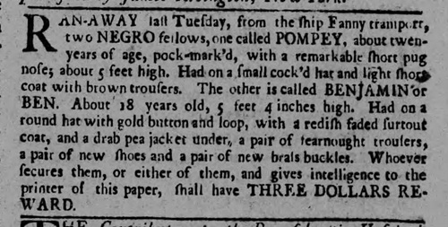 April 1778 newspaper ad for Pompey and Benjamin, who jumped ship in Philadelphia.