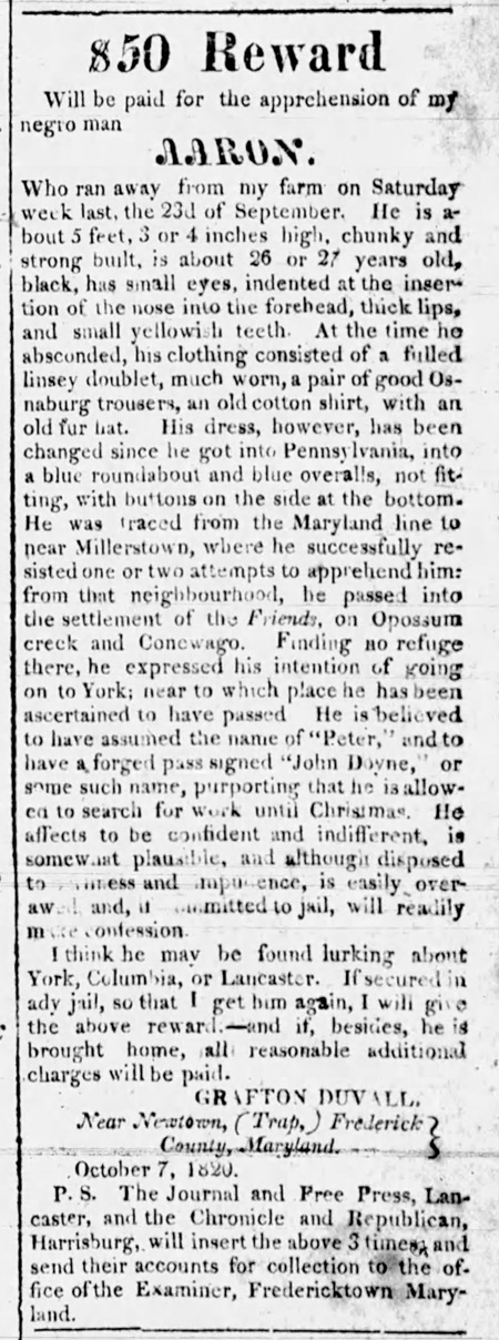 1820 fugitive slave notice from Frederick, Maryland for Aaron.