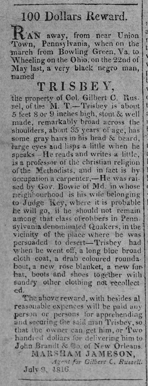 1816 Newspaper advertisement to recover escaped slave Trisbey.