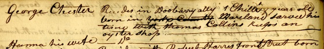 1821 Harrisburg Registry of Free Blacks, showing George Chester entry.