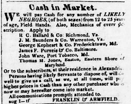 Franklin & Armfield 1833 advertisement listing their agents in nearby cities.
