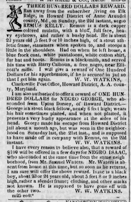 Isaac Ad Runaway slave ad for several men including Isaac Lee, 1842.