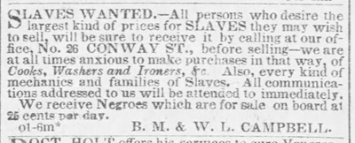 1847 Baltimore advertisement from the Campbells to buy slaves.