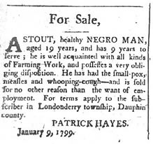Ad placed by Patrick Hayes to sell a 19-year-old slave, 1799.